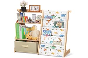 Decalsweet Kids Bookshelf with Toy Storage Box,Wooden Childrens Bookcase with 4 Sling & 3 Tier,Toddler Baby Book Shelf for Kids Room Bedroom Playroom Nursery-Dinosaur