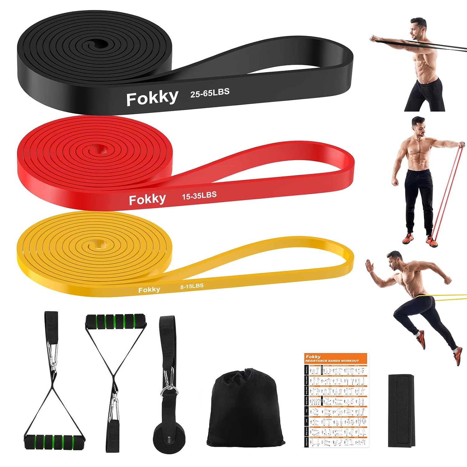 Fokky Gomas Elasticas Musculacion [Set of 3], 8-65LBS Bandas Elasticas | Cintas Elasticas Musculacion con Anclaje de Puerta, Bandas Elasticas Musculacion para Estiramientos, Pilates, Yoga
