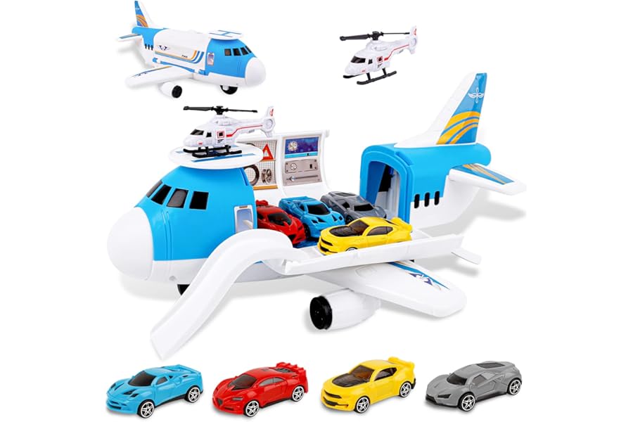 m zimoon Transport Cargo Airplane Toy with Cars, Kids Toys Plane Playset with 4 Vehicles & Helicopter, DIY Friction Powered Educational Toy Gifts for Boys & Girls Age 3-6
