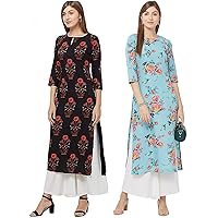 GoSriKi Women's Multicolor Printed Straight Kurta Pack of 02(Pista-Kurta & GUL-Black)
