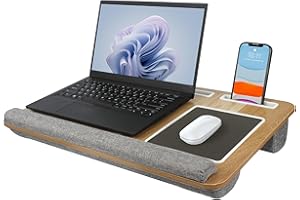 Semiocthome Laptop Lap Tray Desk with Pillow Cushion, Lapboard with Built-in Mouse Pad, Wrist Rest, Phone and Tablet Slot, Fit up to 17" Laptops, Portable Laptop Table for Sofa, Bed, Office - Natural