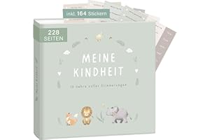 mintkind® Erinnerungsalbum Kindheit Salbei, Babybuch mit Sticker Set, Geschenk zur Geburt, Fotoalbum Kinder, Tagebuch zum Eintragen, Erinnerungsbuch 0–10 Jahre, Hardcover Album