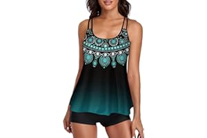 wihnsinop Tankini Damen Bauchweg Bademode Set Damen Freizeit Tankini Badeanzug Zweiteiler Tankinis Set Sommer Elegant Badeanzüge für Damen Tankini Oberteil mit Badeshorts