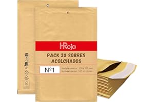 HRoja - Sobres Acolchados Nº1 (120 x 175 mm), Pack de 20 - Papel Kraft con Burbuja Interior - Autoadhesivos, Resistentes, Antigolpes y Antimanipulación para Envíos y Paquetería