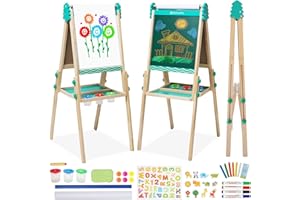 Siairo Tavolo da gioco pieghevole in legno per bambini Cavalletto per bambini regolabile in altezza con rotolo di carta Lavagna a doppia faccia e cavalletto per lavagna con accessori come regalo