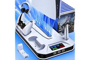 ZRZLMVP PS5/Slim/Pro Standfuß Kühler mit Controller Ladestation für PlayStation 5 Konsole Disc/Digital, PS5 Zubehör inkl. Controller Ladestation, Lüfter, Headset Halterung, 3 USB Hub, Schraube