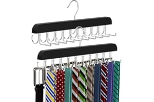 DIRXVMC Belt Tie HANGER 20 Hooks 2 in 1 Hanger for Closet Max 30 Belts with 30 Ties Capacity, Belt Tie Racks Wooden Hanger for Closet Organizer Storage “U” Fit for Belt and “一” Fit for Tie (1, Black)
