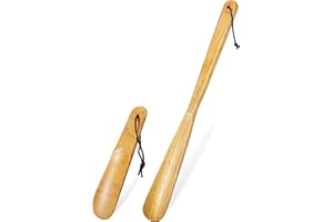 Healeved 2 Pcs Wooden Shoe Horns Long and Short Handle Lazy Shoe Helpers Wood Shoehorns for Men Women Elderly Seniors（40cm,16cm)