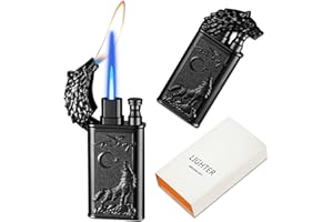 CYJBAO Relief Wolf Dual Flame Lighter - Windproof Adjustable Jet Flame and Soft Flame, Refillable Butane Lighter for Candle, BBQ, Kitchen, Camping(Without Butane)-Wolf