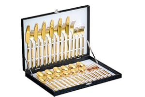Velaze Set di Posate da Tavola per 6 Persone, Set 30 Pezzi in Acciaio Inox 18/10, Posate Servizio 6 Cucchiaio, 6 Forchetta, 6 Coltello, 6 Cucchiaino tè, 6 Forchetta Dolce - Oro e Pacco Regalo