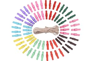 GUANGYUAN 100 Kleine Wäscheklammern Holz mit 10M Garten Kordel Bunt Holzwäscheklammern Klein 3,5cm Miniwäscheklammern Kordel Schnur Natur Juteschnur für Fotos Garten Fotowand Verpackung Gastgeschenk