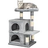 Lionto Tree Scratching Post with 2 Caves, Bed and Sisal, 80 cm, Light Grey | Compact tree with large bed, ball and two caves