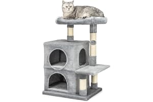 lionto Drapak dla kota z 2 budkami i legowiskiem, wysokość 80 cm, drzewko z piłką z pluszu i dzwoneczkiem, sizal i plusz, dla małych i dużych kotów, jasnoszary