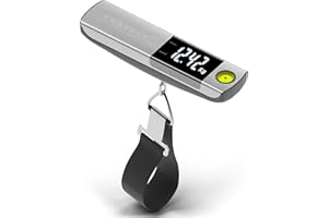 TRAVELY Waga bagażowa premium ze szczotkowanej stali nierdzewnej do 50 kg I waga bagażowa z praktyczną taśmą mierniczą i zintegrowaną poziomicą do dokładnych pomiarów. Waga cyfrowa z hakiem