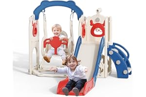 STYPLZ 6-in-1 Kinder Rutsche Indoor/Outdoor,Montessori Spielzeugset mit Klettergerüst,Basketballkorb,Krabbeltunnel & Teleskop, Sicherheitsgetestet HDPE Kunststoff für Kinder ab 1 Jahr(Rot-blau)
