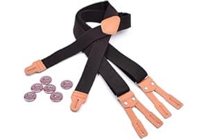 RIONA Classique Vintage Bretelles pour Boutons avec Cuir Naturel - élastique et réglable 3.5*125CM -avec 6 boutons - 8 couleurs Box emballage