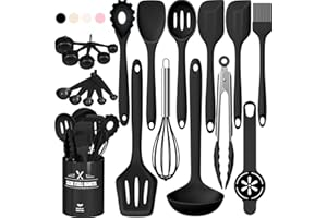 TERLULU Silikon Küchenhelfer Set, 22 Stück Kochutensilien Kochgeschirr, Hitzebeständiger Kochbesteck Set mit Utensilienhalter, Gesund & Antihaft, Spülmaschinengeeigne - Schwarz