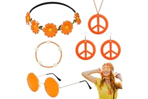 HEAWAA 5 Pièces Accessoires Hippie pour femmes, Ensemble de Costume Hippie avce Fleurie Bandeau Lunettes Hippie Boucles d'oreilles Collier Signe de Paix Bracelet pour Musique Fête des Années 60 70