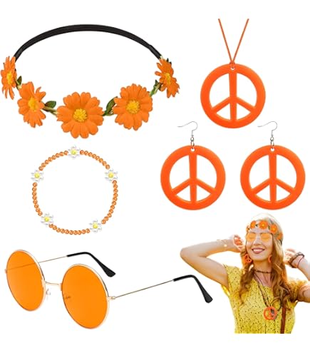 YeahBoom Ensemble De Costume Hippie,Collier Et Boucles D'Oreilles Signe De Paix, Lunettes De Soleil, Fleurs Couronne Bande De Cheveux Et Bandeau Hippie Coloré,Années 60 Hippie Dressing Accessory Set