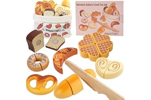 Smartwo Holz Lebensmittel Kinderküche Zubehör für Spielküche und Kaufladen, Brot Holzspielzeug zum Schneiden, Bäckerei Küchenzubehör für Rollenspiele, Geschenk für Mädchen Jungen ab 2 3 Jahre