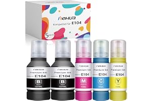 hehua E104 XL Bläck Kompatibel för Epson E104 Bläckpatroner Multipack E102 | för Epson ET-2720 ET-2710 ET-2714 ET-2715 ET-2721 ET-2726 ET-2711 ET-2712 ET-4700 (5-Pack Svart Cyan Magenta