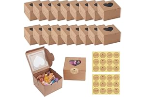 JOYSKY 18 Pcs Brown Cupcake Boxes, Paper Cake Box, Bakery Pastry Boxes with Windows and 24 Stickers, Kraft Candy Boxes for Cupcakes Desserts, Pastries Cookies Small Cakes Candy Pies & Gifts