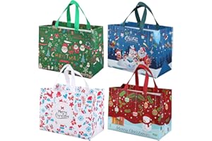Volsha 4 Pack Christmas Reusable Grocery Bag,Tote Bag with Handle, Gift Present Bag, Shopping Bag for Holiday Xmas Event Party