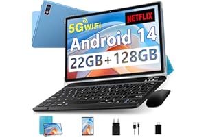 DEERTIME 2025 Newest Tablet Android 14 Tablet PC 10.1 Pollici, 22GB RAM+128GB ROM(TF 2TB), Octa Core 2.0Ghz/5G+2.4G WiFi/8000mAh/Widevine L1/BT5.0/8MP+5MP/GPS/Widgets/GMS Tablet con Tastiera e Mouse - Blu