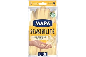 SPONTEX MAPA - Sensibilité - Gants de Ménage en Latex Intérieur Coton et Soie - Grand Confort d'utilisation et Extra Doux - Taille L - Lot de 3