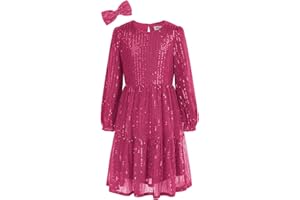 GRACE KARIN Girls Shiny Sequined Dress Long Sleeve Crew Neck Tiered A-Line Dress with Hair Bow 6-12 Years