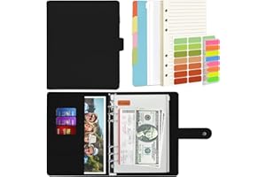 Mlife A5 Notebook Binder Set - 6 Ring PU Leather Planner,5 PCS File Divider,45 Sheets A5 Loose Leaf Paper,Label Stickers,Index Tabs and Clear Cash Envelopes,Personal Organizer Binder (Black)