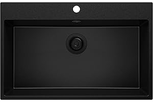 PRIMAGRAN Fregadero Cocina Todo Negro 78x50cm, Granito 1 Seno + Sifón, Sobre encimera al mueble 80cm - Riga S229
