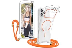 GUtttGU Handykette für iPhone 17 Pro Hülle mit Band mit 2 Displaychutzfolie Panzerglas + 2 Kameraschutz Handyhülle Kompatibel mit Magsafe Kreis Orange Schutzhülle zum Umhängen für iPhone 17 Pro Klar