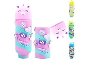 AUNGKWANG Púrpura Estuche 2 en 1 de Silicona Suave, Con 6 decoraciones, Kawaii Estuche Estuche Vertical Lapices, Telescópica unicornio Estuche para Lápices, para Niña ChicoRegalo de Escolar Cumpleaños