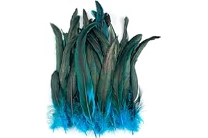 QUEERELELE Lot de 100 plumes de coq - Plumes de faisan bleues et vertes - Plumes artificielles - Pour travaux manuels, grandes plumes de masque de fête, attrape-rêves, plumes de coiffe (15-20 cm)