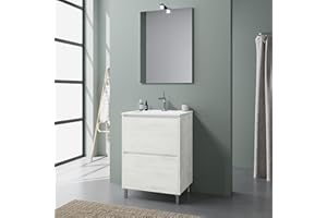 Kiamami Valentina - Mobile Bagno a Terra 60 CM con Lavabo | 2 Cassetti Capienti | Design Moderno | Specchio Incluso, Bianco, 60 cm