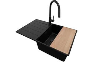 PRIMAGRAN Evier Cuisine en Granit Tout Noir 78x50cm, Lavabo 1 bac + Kit de Vidage + Planche à Découper, Évier à Encastrer al mueble 50cm - Copenhague S047