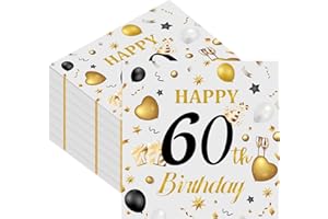 HFBOBP 50pcs 60th Birthday Paper Napkins, Premium Grey and Gold Happy Birthday Napkins Disposable Luncheon Cocktail Party Paper Beverage Napkin for Anniversary Birthday's Party Decorations, 13 x 13 Inches