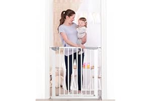 Gemokrt Barriere de Securite Enfant, Barriere Bebe Escalier, Barriere de Securite Enfant sans Percage, Barriere Chien Opération à Une Main, Largeur 73-79 CM, de 6 Mois à 2 Ans, Blanc Métallisé