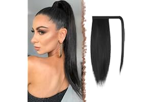 FESHFEN Coleta Postiza Lisa Pelo, 40 cm Largo Liso Ponytail Extension Envolver alrededor Cola de Caballo Extensiones Sintéticas Clip Postizos de Pelo para Mujeres, Negro natural