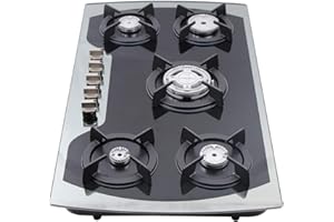 BAZARGAME 5 fuochi, fornello a gas, 5 fiamme, piano cottura a gas, in acciaio inox, per casa, camper, fornello a gas con 5 ugelli per gas liquefatto di petrolio (tipo 1 (90 x 51 x 15 cm)