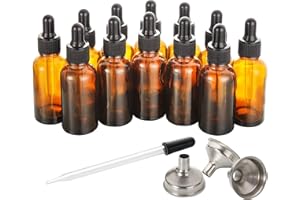 AOZITA Paquete de 12 Botellas Cuentagotas de Vidrio Ámbar de 60 ml (2 oz) Con Pipeta, 3 Embudos de Acero Inoxidable y 1 Pipeta Larga de Vidrio