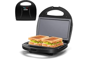 Aigostar Deep Fill Toastie Maker, Sandwich Toaster with Non-Stick Flat Plates, Small Panini Press, Healthy Grill, Indicator Lights, Locking Latch, Black - Roy