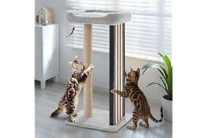 Veehoo Cat Scratching Post for Indoor Cats, 90 cm Tall Cat Tree with Scratch Post Board and Hanging Toy, Small Cats Climbing Tower with Plush Perch for Kitten, Light Grey