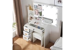 Saimeihome White Dressing Table with Dimmable Lighted Mirror, Vanity Desk with Cushioned Stool, Vanity Table with 4 Spacious Storage Drawers for Bedroom
