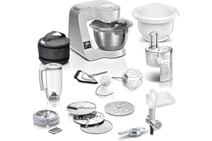 ‎BOSCH Bosch Küchenmaschine Serie 4, integrierte Waage, Fleischwolf, Würfelschneider, 2x Schüssel 3,9L spülmaschinenfest, Mixer 1,25L, 3x Rührelemente, Durchlaufschnitzler, 1000 W, Grau, MUM5XL72