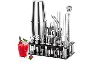 Cinnani Boston 20-częściowy zestaw do koktajli – profesjonalny zestaw do mieszania ze stojakiem i akcesoriami barowymi – shaker i zestaw do brody ze stali nierdzewnej – zestaw upominkowy