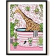 Giraffe in Bath Print, Giraffe in Bathroom Print, A4 UNFRAMED Print, Animal Toilet Print, Pink Black, Giraffe Toilet Print, Tropical Bathroom Decor