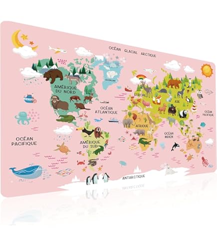 Sous-main pour enfants et adultes - Carte du monde en allemand avec de nombreux animaux - En vinyle résistant de qualité supérieure (sans plastique ni BPA) - 74 x 40 cm