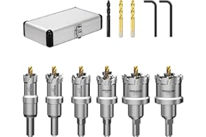 Mollom 6Pcs(19-35mm) TCT Carbide Hole Saw Kit for Hard Metal, Extra 2xTitanium & 1xStepped Pilot Drill bits and 2Pcs Hex Key for Stainless Steel, Iron,Aluminum,Alloy,Metal